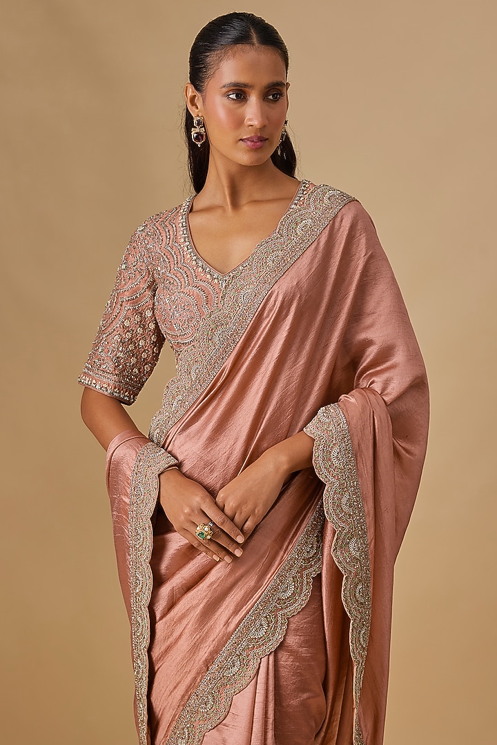 Peach Silk Zardosi Embroidered Bridal Saree Set by Jayanti Reddy at Pernia's Pop Up Shop
