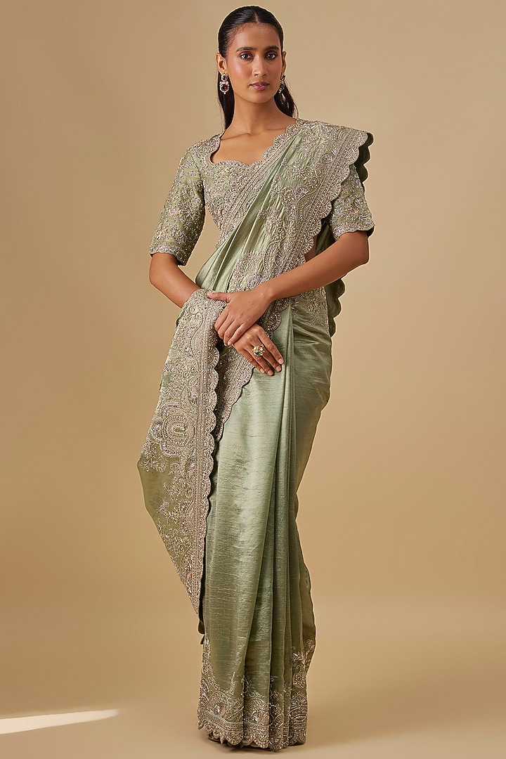Mint Green Silk Zardosi Embroidered Bridal Saree Set by Jayanti Reddy at Pernia's Pop Up Shop