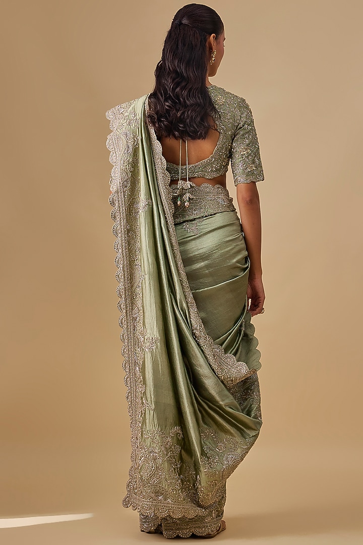 Mint Green Silk Zardosi Embroidered Bridal Saree Set by Jayanti Reddy at Pernia's Pop Up Shop