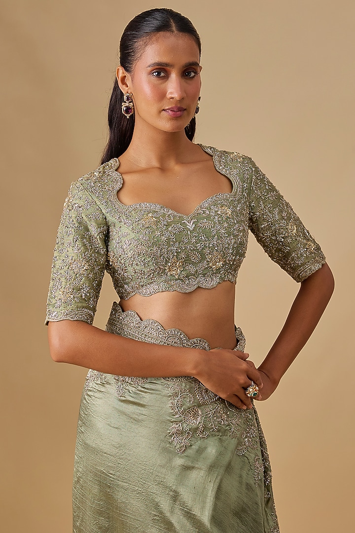 Mint Green Silk Zardosi Embroidered Bridal Saree Set by Jayanti Reddy at Pernia's Pop Up Shop