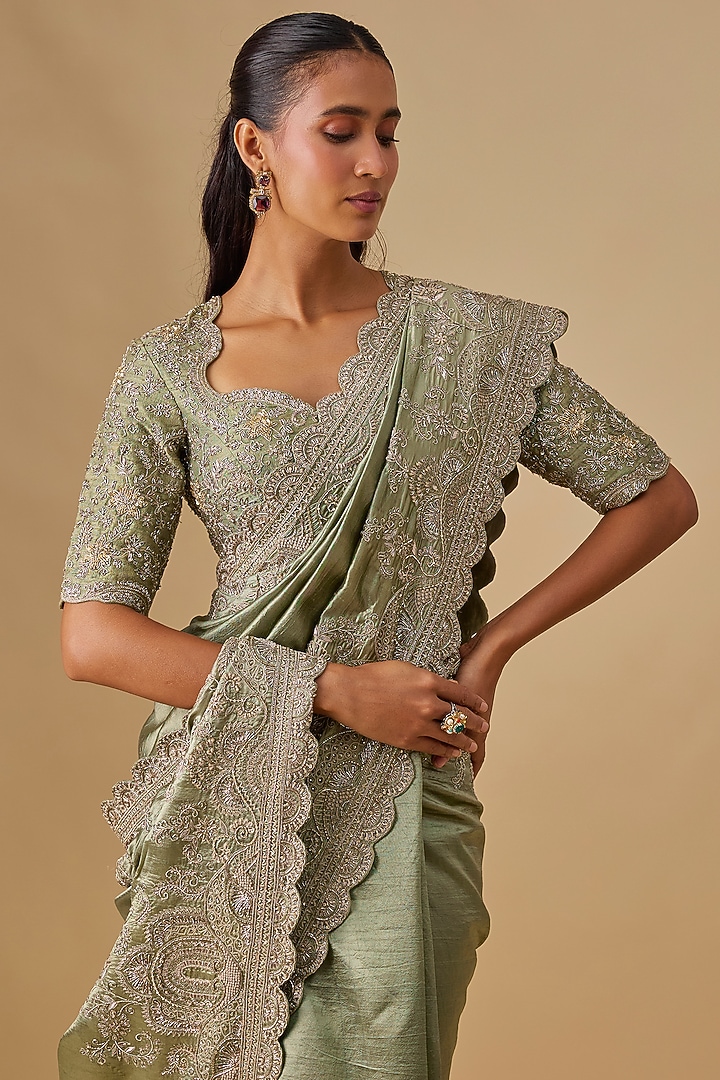 Mint Green Silk Zardosi Embroidered Bridal Saree Set by Jayanti Reddy at Pernia's Pop Up Shop