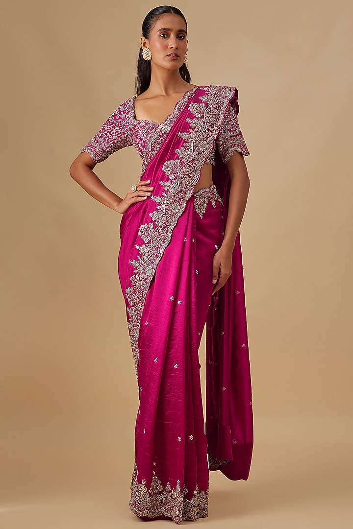 Pink Silk Zardosi Embroidered Bridal Saree Set by Jayanti Reddy at Pernia's Pop Up Shop