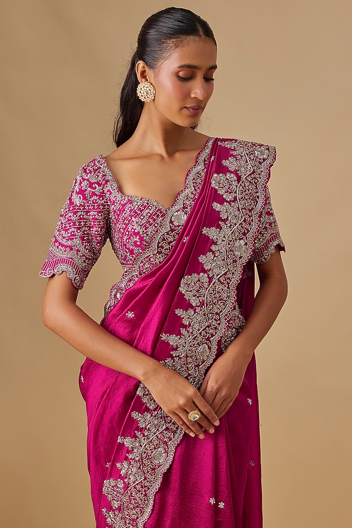 Pink Silk Zardosi Embroidered Bridal Saree Set by Jayanti Reddy at Pernia's Pop Up Shop