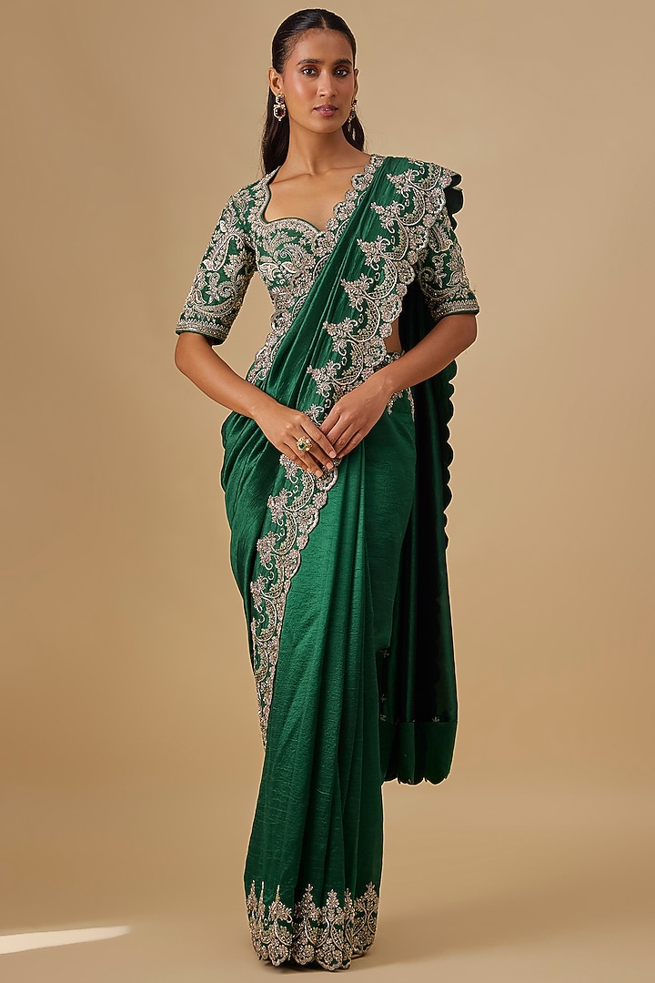 Green Silk Zardosi Embroidered Bridal Saree Set by Jayanti Reddy at Pernia's Pop Up Shop