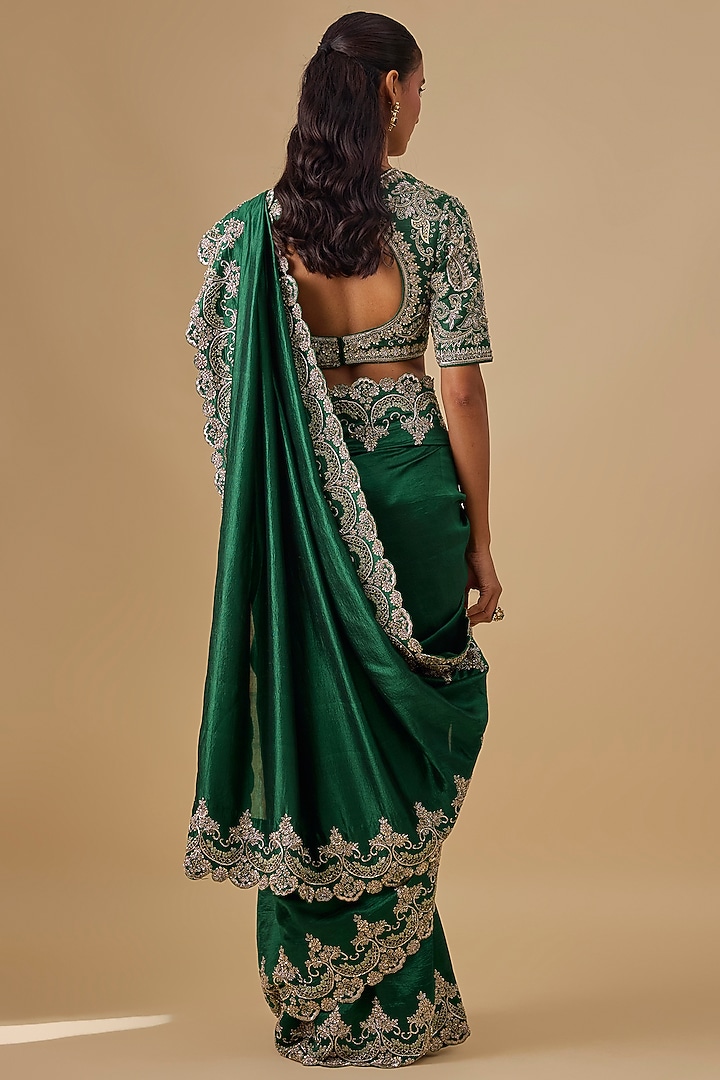 Green Silk Zardosi Embroidered Bridal Saree Set by Jayanti Reddy at Pernia's Pop Up Shop