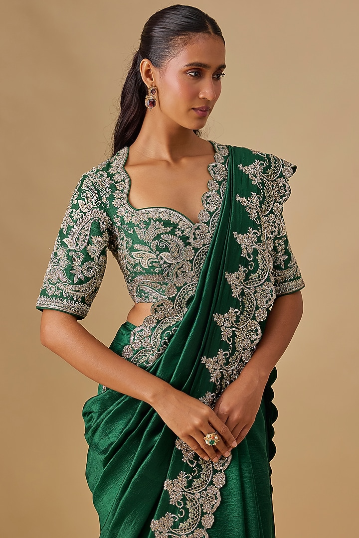 Green Silk Zardosi Embroidered Bridal Saree Set by Jayanti Reddy at Pernia's Pop Up Shop