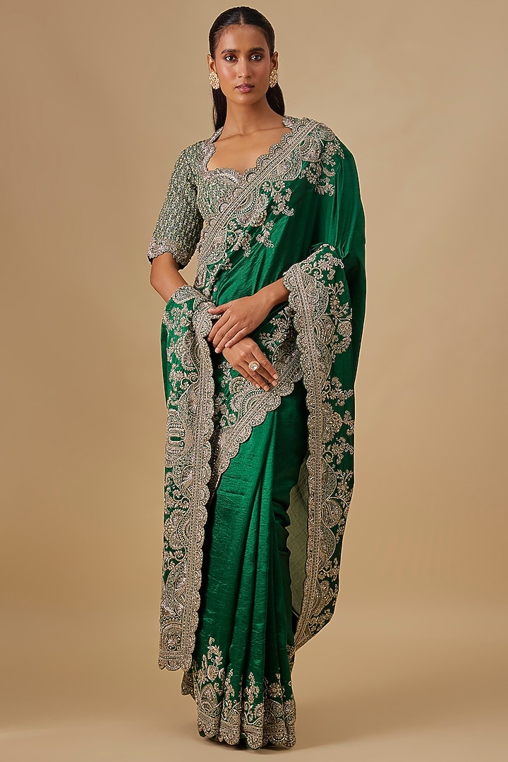 Green Silk Zardosi Embroidered Bridal Saree Set by Jayanti Reddy at Pernia's Pop Up Shop