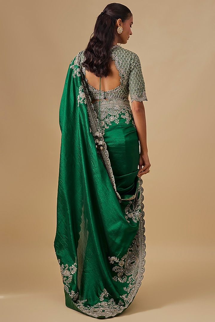 Green Silk Zardosi Embroidered Bridal Saree Set by Jayanti Reddy at Pernia's Pop Up Shop