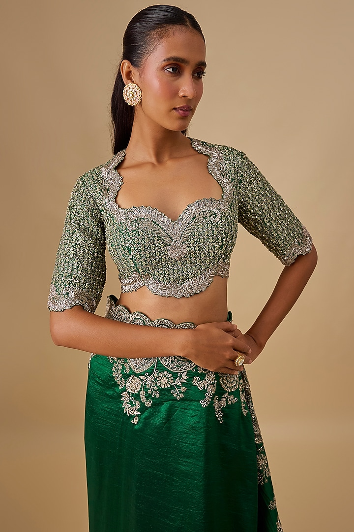 Green Silk Zardosi Embroidered Bridal Saree Set by Jayanti Reddy at Pernia's Pop Up Shop