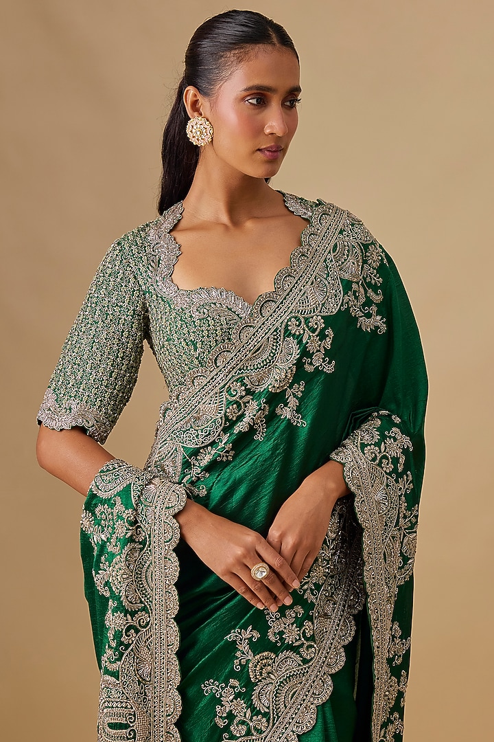 Green Silk Zardosi Embroidered Bridal Saree Set by Jayanti Reddy at Pernia's Pop Up Shop
