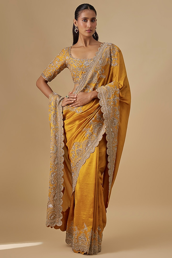 Mango Yellow Silk Zardosi Embroidered Bridal Saree Set by Jayanti Reddy at Pernia's Pop Up Shop
