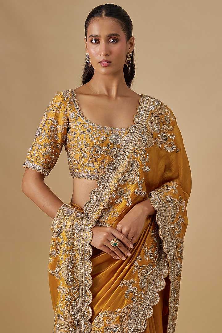 Mango Yellow Silk Zardosi Embroidered Bridal Saree Set by Jayanti Reddy at Pernia's Pop Up Shop