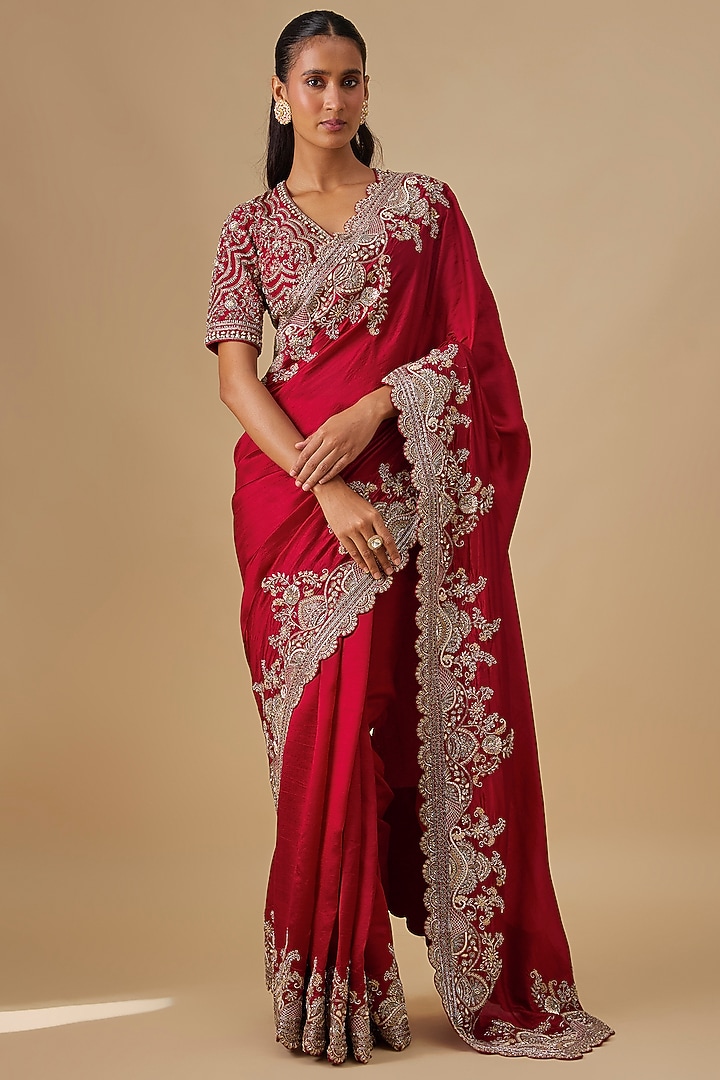 Pink Silk Zardosi Embroidered Bridal Saree Set by Jayanti Reddy at Pernia's Pop Up Shop