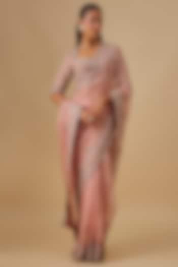 Peach Silk Zardosi Embroidered Bridal Saree Set by Jayanti Reddy at Pernia's Pop Up Shop