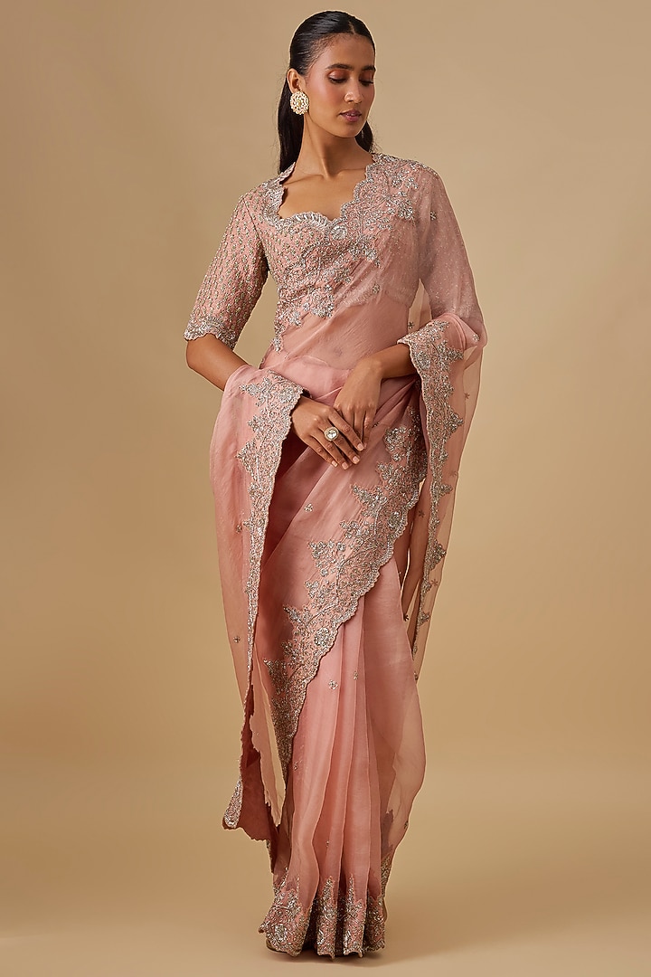 Peach Silk Zardosi Embroidered Bridal Saree Set by Jayanti Reddy at Pernia's Pop Up Shop