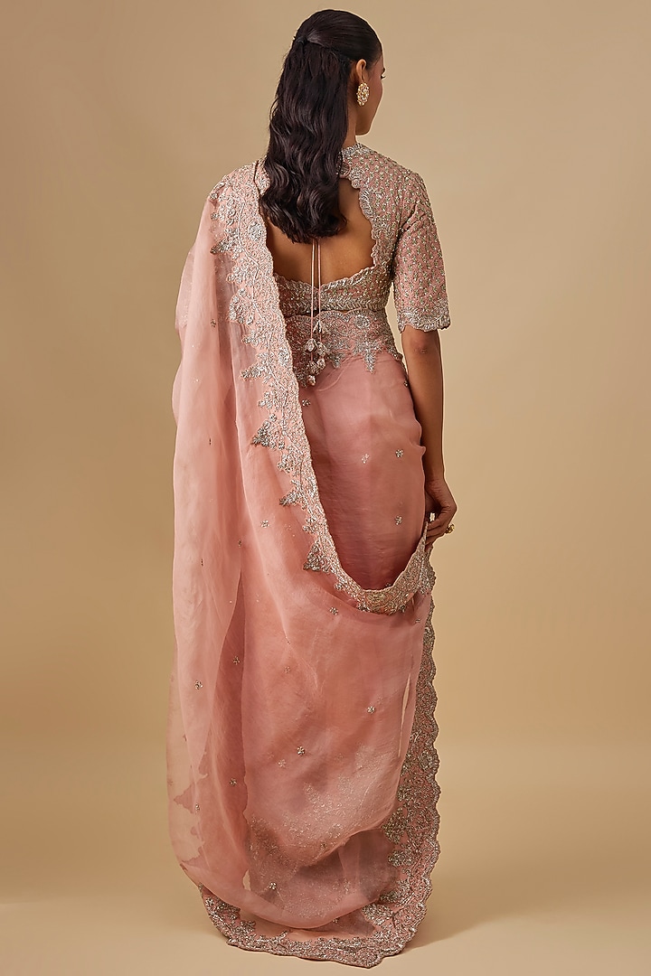 Peach Silk Zardosi Embroidered Bridal Saree Set by Jayanti Reddy at Pernia's Pop Up Shop