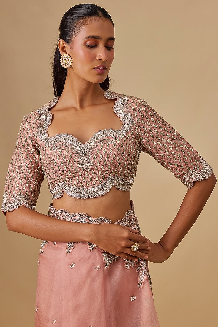 Peach Silk Zardosi Embroidered Bridal Saree Set by Jayanti Reddy at Pernia's Pop Up Shop
