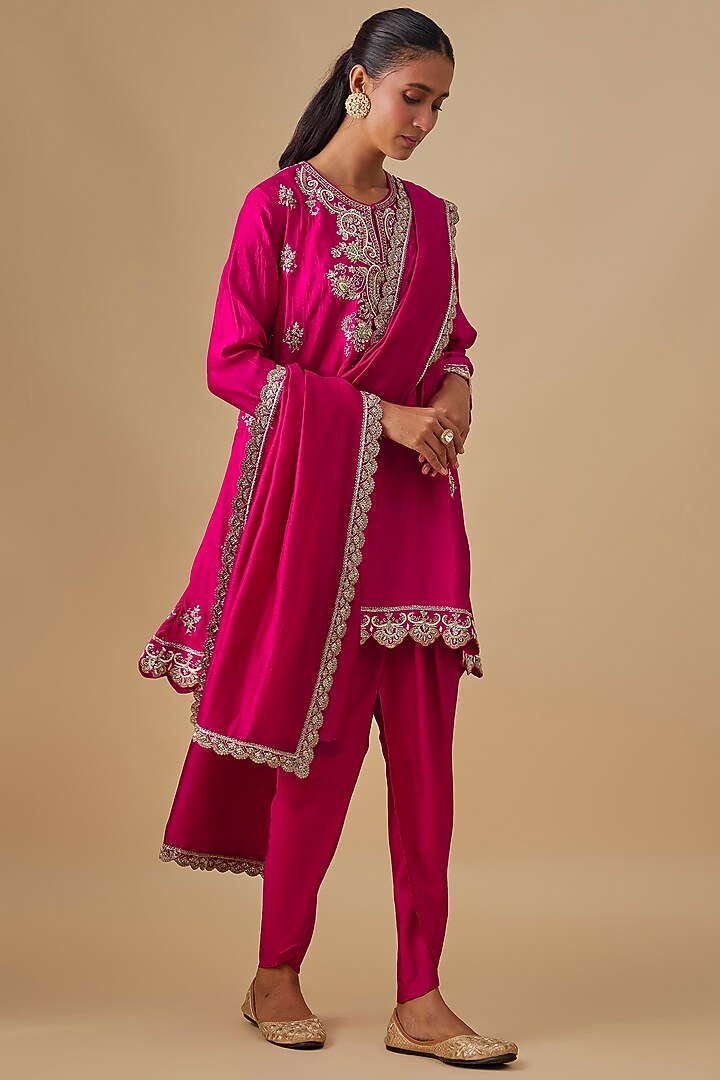 Pink Silk Zardosi Embroidered Tunic Set by Jayanti Reddy at Pernia's Pop Up Shop