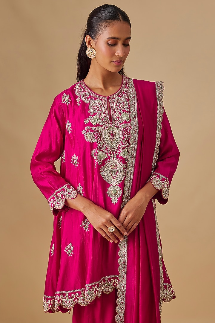 Pink Silk Zardosi Embroidered Tunic Set by Jayanti Reddy at Pernia's Pop Up Shop