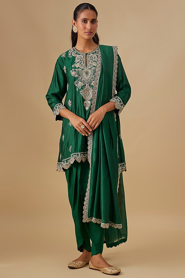Green Silk Zardosi Embroidered Tunic Set by Jayanti Reddy at Pernia's Pop Up Shop