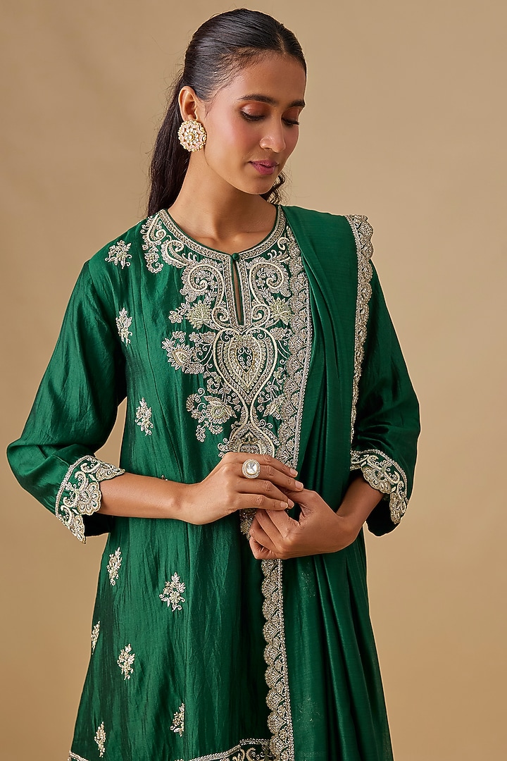 Green Silk Zardosi Embroidered Tunic Set by Jayanti Reddy at Pernia's Pop Up Shop