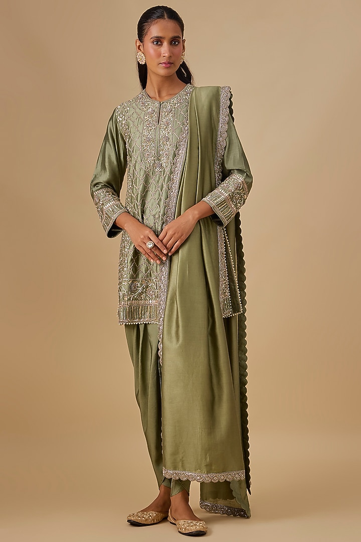 Mint Green Silk Zardosi Embroidered Tunic Set by Jayanti Reddy at Pernia's Pop Up Shop