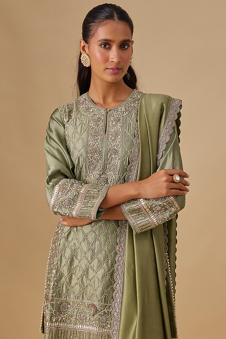 Mint Green Silk Zardosi Embroidered Tunic Set by Jayanti Reddy at Pernia's Pop Up Shop