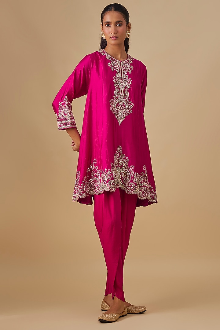 Pink Silk Zardosi Embroidered Tunic Set by Jayanti Reddy at Pernia's Pop Up Shop