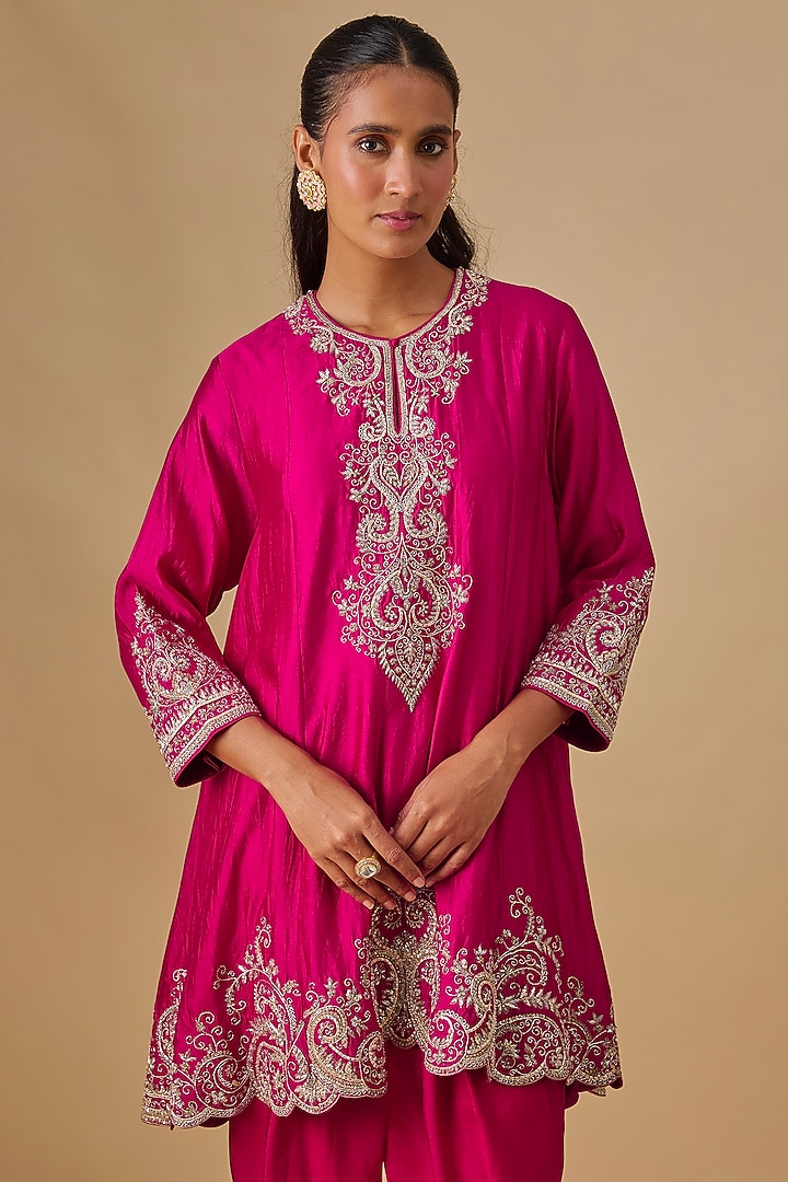 Pink Silk Zardosi Embroidered Tunic Set by Jayanti Reddy at Pernia's Pop Up Shop
