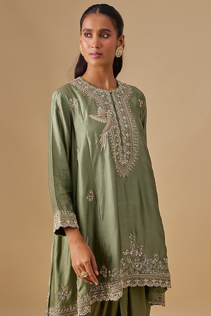 Mint Green Silk Zardosi Embroidered Tunic Set by Jayanti Reddy at Pernia's Pop Up Shop