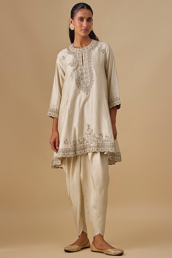 Beige Silk Zardosi Embroidered Tunic Set by Jayanti Reddy at Pernia's Pop Up Shop