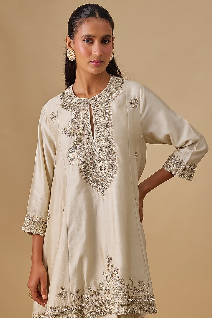 Beige Silk Zardosi Embroidered Tunic Set by Jayanti Reddy at Pernia's Pop Up Shop