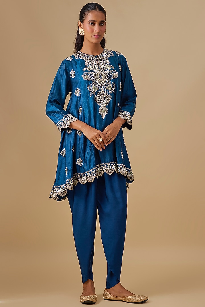 Blue Silk Zardosi Embroidered Tunic Set by Jayanti Reddy at Pernia's Pop Up Shop