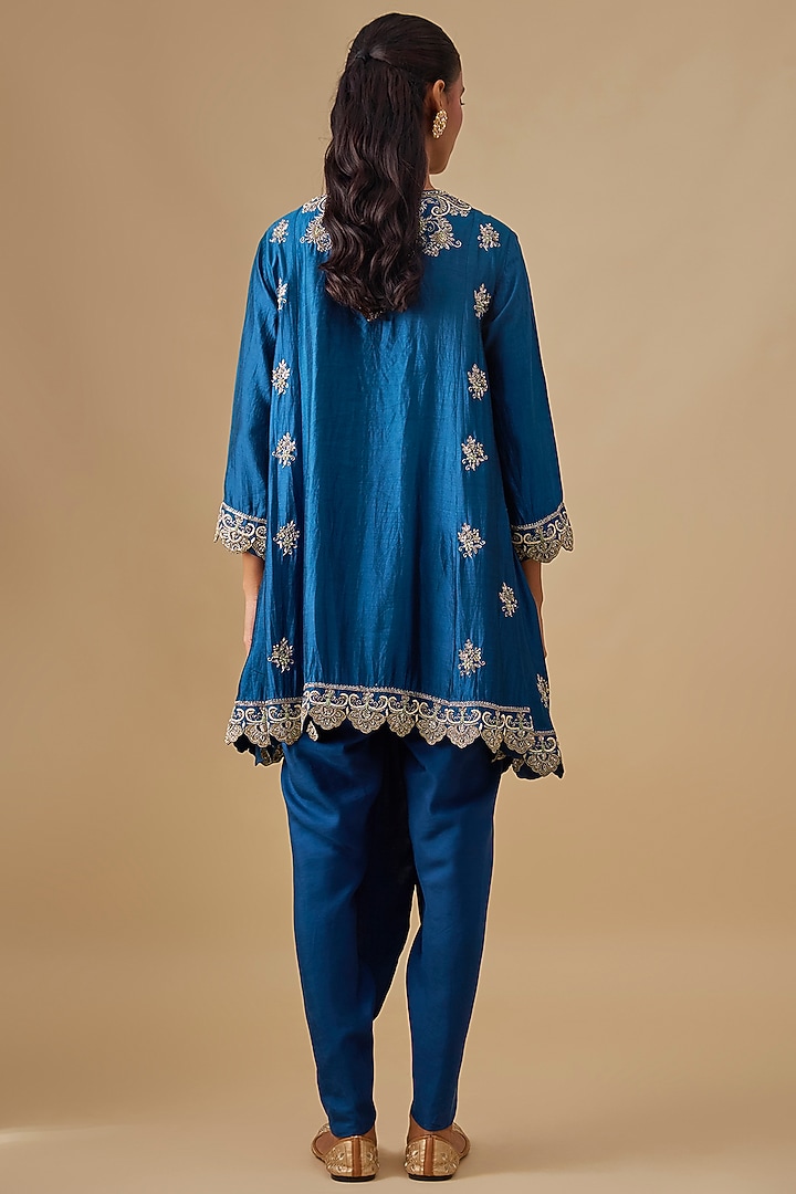 Blue Silk Zardosi Embroidered Tunic Set by Jayanti Reddy at Pernia's Pop Up Shop