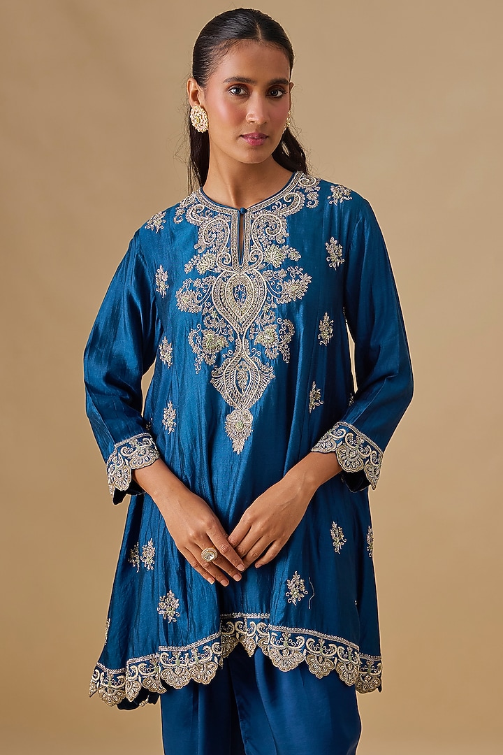 Blue Silk Zardosi Embroidered Tunic Set by Jayanti Reddy at Pernia's Pop Up Shop