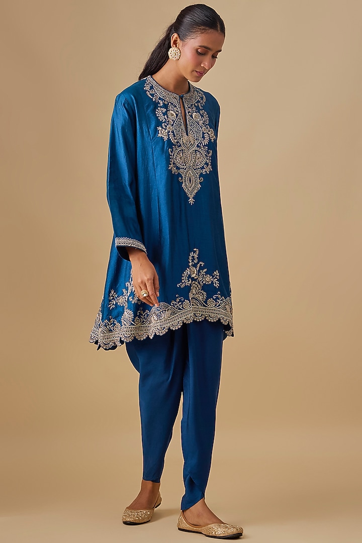 Blue Silk Zardosi Embroidered Tunic Set by Jayanti Reddy at Pernia's Pop Up Shop
