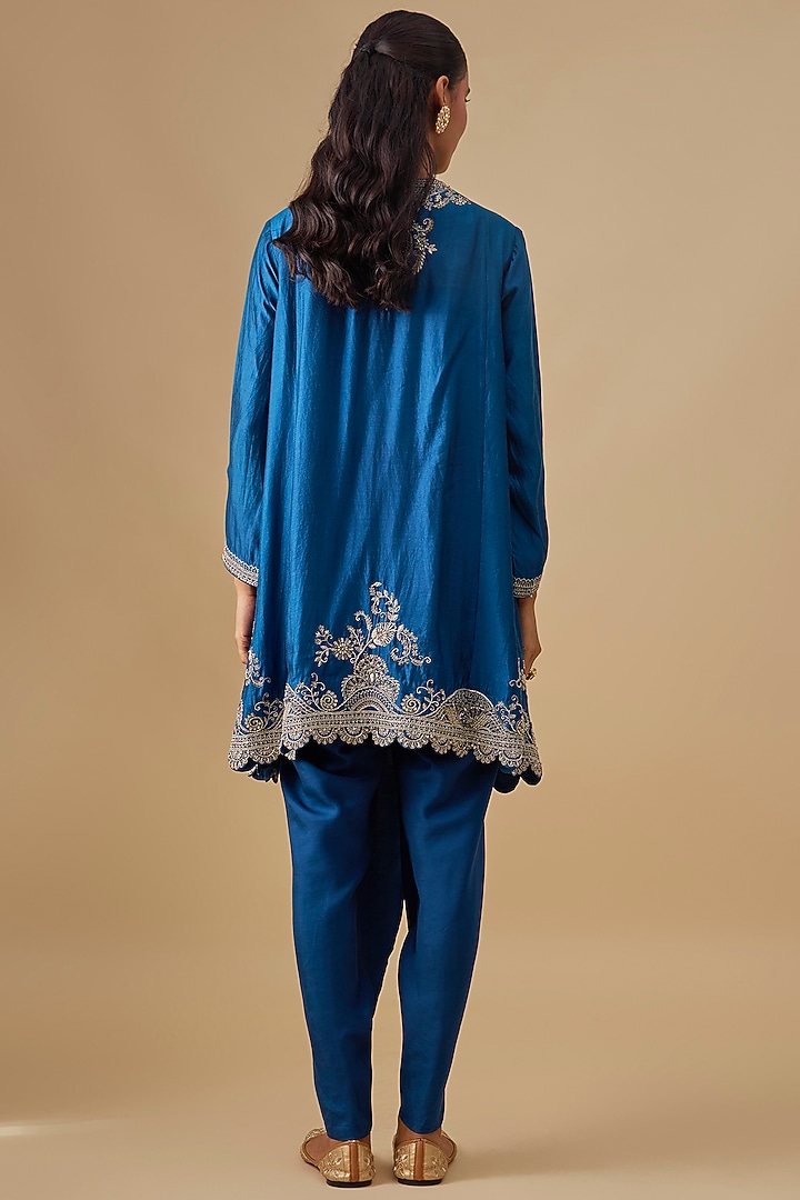 Blue Silk Zardosi Embroidered Tunic Set by Jayanti Reddy at Pernia's Pop Up Shop