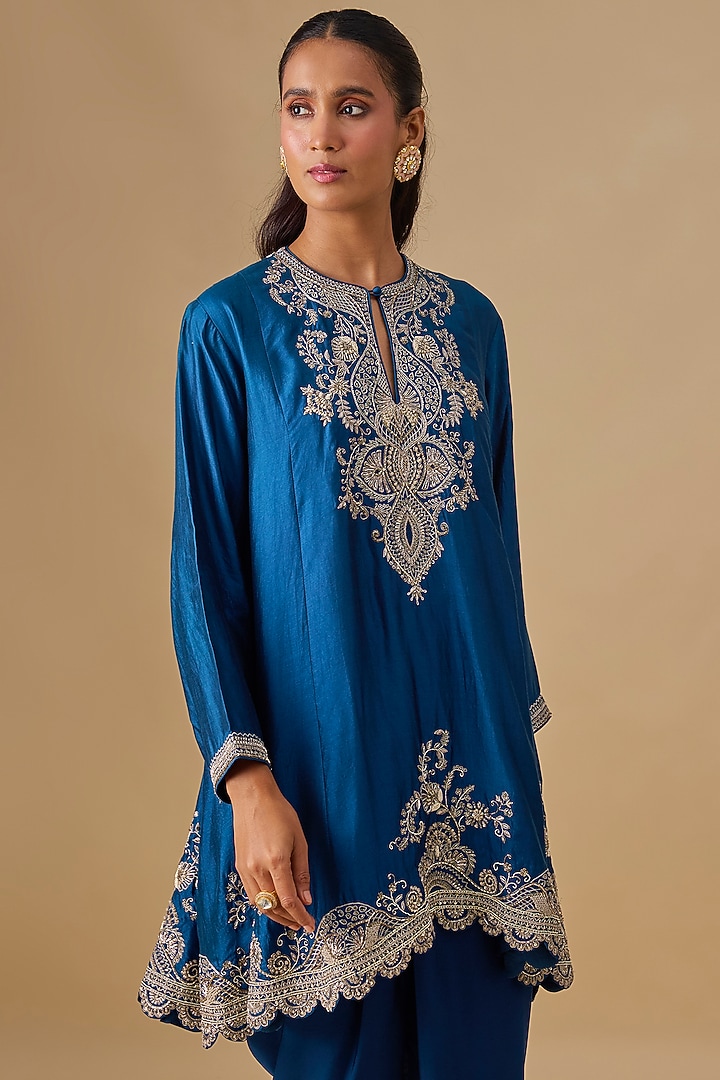 Blue Silk Zardosi Embroidered Tunic Set by Jayanti Reddy at Pernia's Pop Up Shop