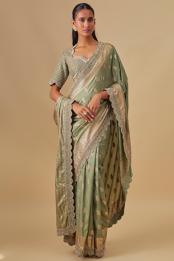Mint Green Banarasi Silk Zardosi Embroidered Bridal Saree Set by Jayanti Reddy at Pernia's Pop Up Shop