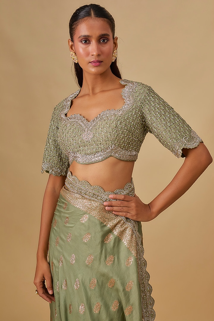 Mint Green Banarasi Silk Zardosi Embroidered Bridal Saree Set by Jayanti Reddy at Pernia's Pop Up Shop