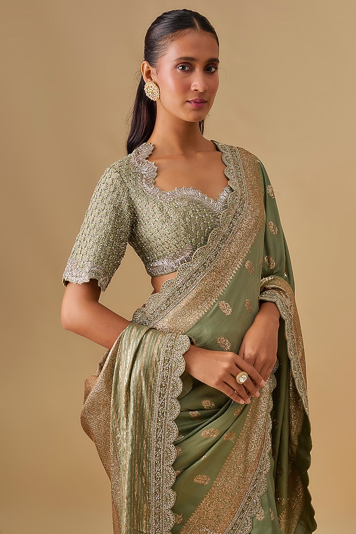 Mint Green Banarasi Silk Zardosi Embroidered Bridal Saree Set by Jayanti Reddy at Pernia's Pop Up Shop
