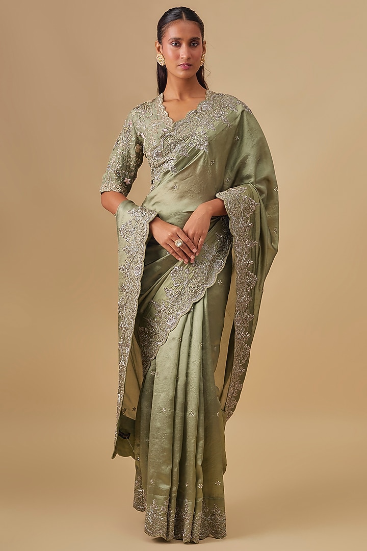 Mint Green Banarasi Silk Zardosi Embroidered Bridal Saree Set by Jayanti Reddy at Pernia's Pop Up Shop