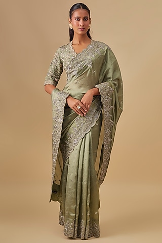 Mint Green Banarasi Silk Zardosi Embroidered Saree Set by Jayanti Reddy