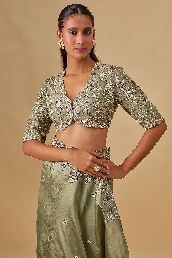 Mint Green Banarasi Silk Zardosi Embroidered Bridal Saree Set by Jayanti Reddy at Pernia's Pop Up Shop