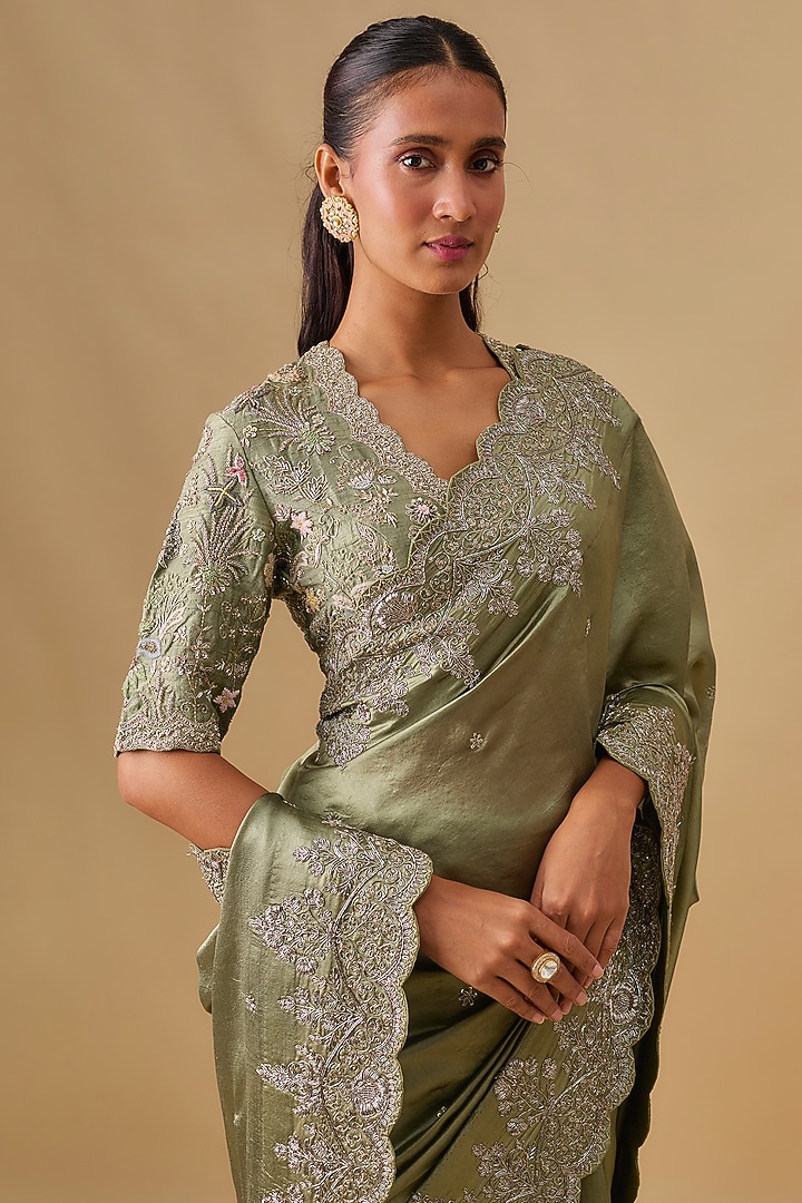 Mint Green Banarasi Silk Zardosi Embroidered Bridal Saree Set by Jayanti Reddy at Pernia's Pop Up Shop