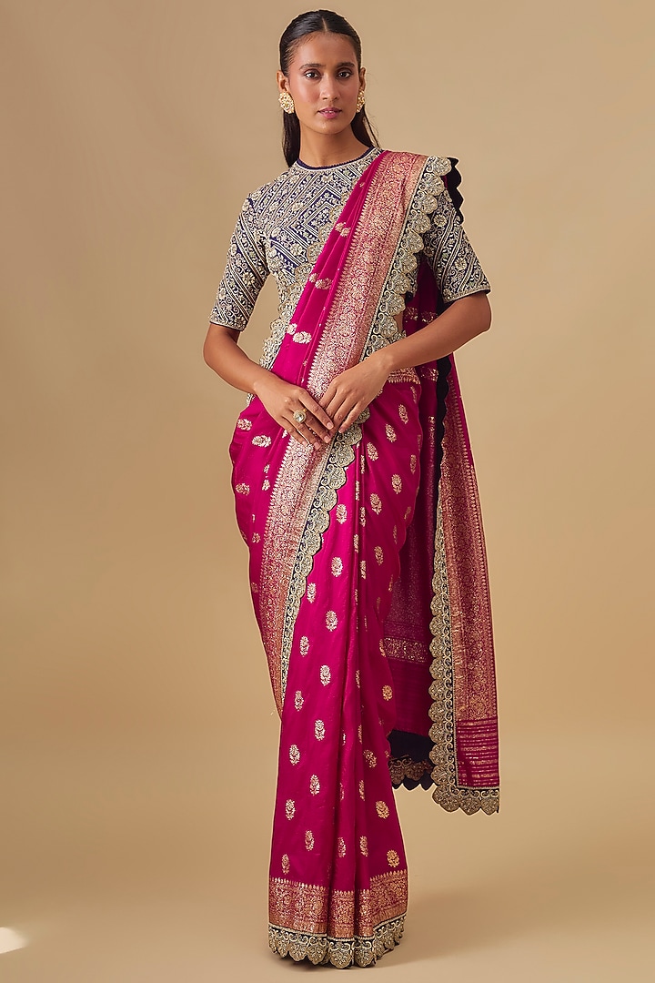 Pink Banarasi Silk Zardosi Embroidered Bridal Saree Set by Jayanti Reddy at Pernia's Pop Up Shop