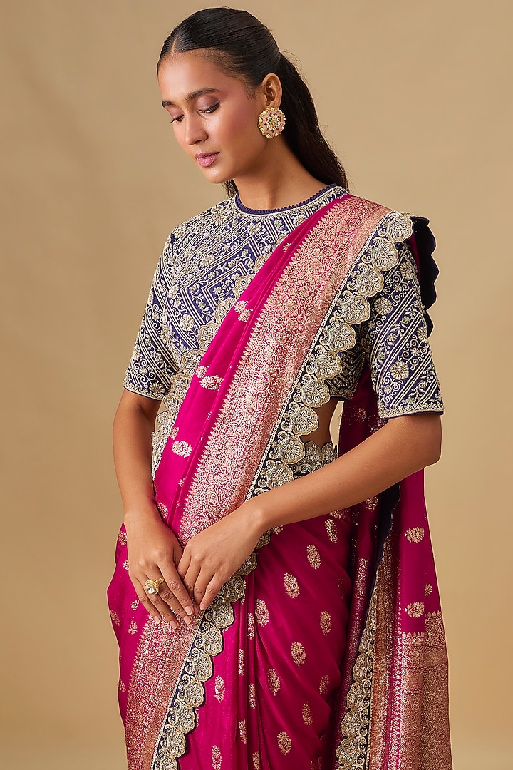 Pink Banarasi Silk Zardosi Embroidered Bridal Saree Set by Jayanti Reddy at Pernia's Pop Up Shop