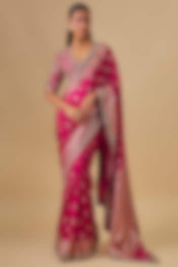 Pink Banarasi Silk Zardosi Embroidered Bridal Saree Set by Jayanti Reddy at Pernia's Pop Up Shop