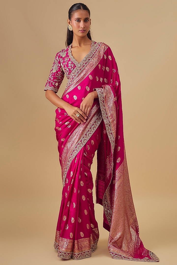 Pink Banarasi Silk Zardosi Embroidered Bridal Saree Set by Jayanti Reddy at Pernia's Pop Up Shop