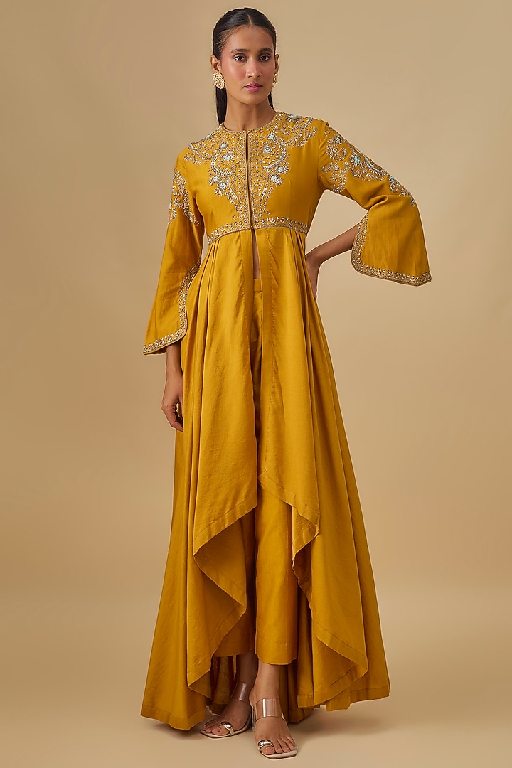 Mango Yellow Silk Zardosi Embroidered Wedding Anarkali Set by Jayanti Reddy at Pernia's Pop Up Shop